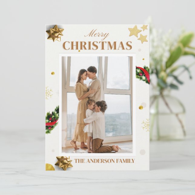 Festividades Cartão de Boas Festas Foto Clássico Dourado Natal (Em pé/Frente)