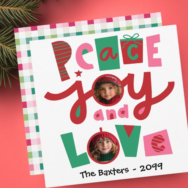 Festividades Cartão de Boas Festas Paz e Amor Rosa e Verde (Retro Pink and Green Peace and Love Christmas Greeting Card)