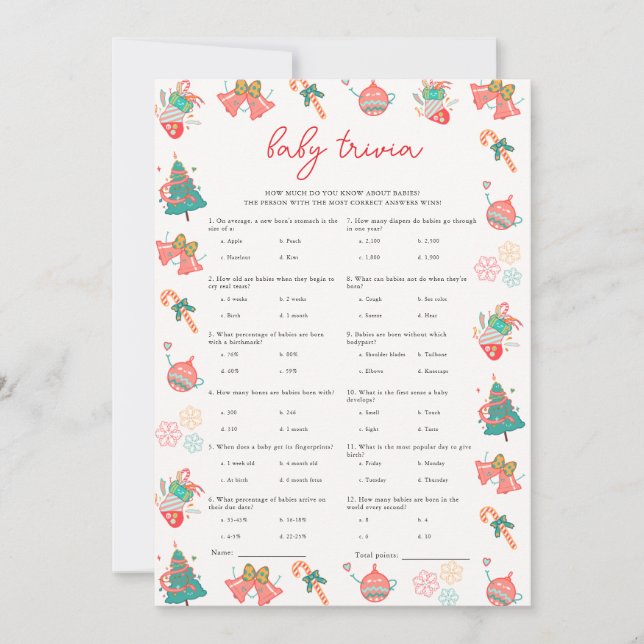 Festividades Cartão de Chá de fraldas de Natal para Bebê Trivia (Frente)