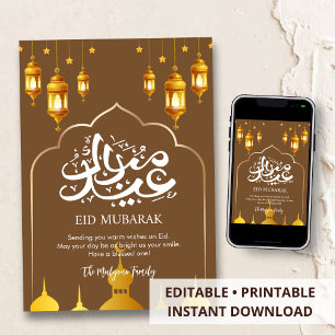 Festividades Cartão de Eid com Silhuetas de Mesquita Dourada Mi