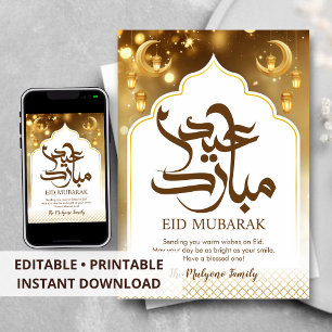 Festividades Cartão de Eid Mubarak com Brilho Bokeh Dourado de