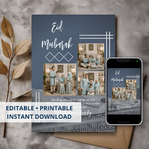 Festividades Cartão de Eid Mubarak com Colagem de Fotos Azul Mo