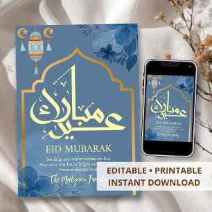 Festividades Cartão de Eid Mubarak de Luxo Dourado e Azul com A
