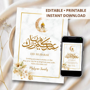Festividades Cartão de Eid Mubarak de Mármore Moderno Crescente