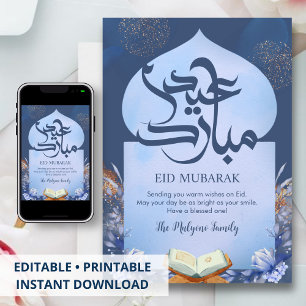 Festividades Cartão de Eid Mubarak do Alcorão Floral Azul Marin