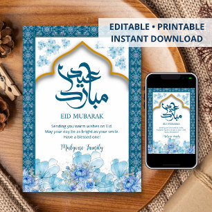 Festividades Cartão de Eid Mubarak Floral em Aquarela Azul