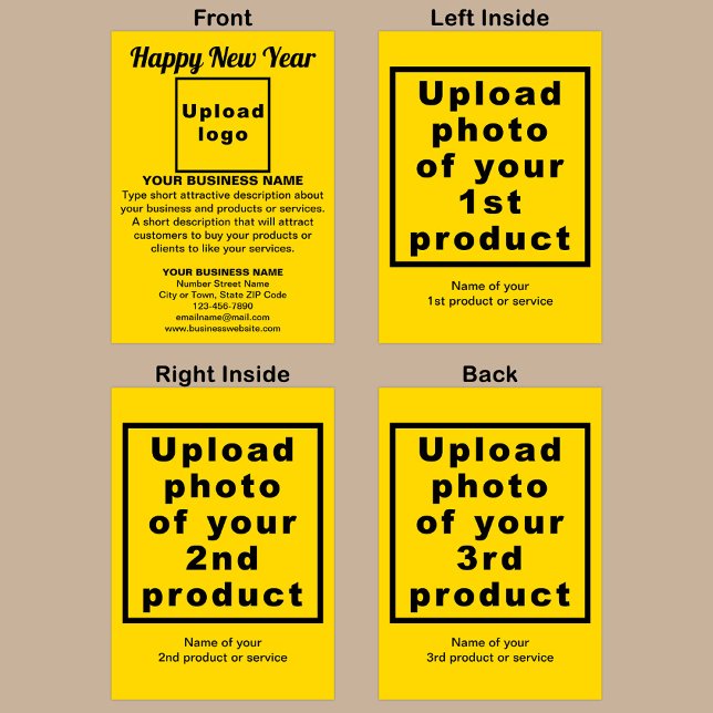 Festividades Cartão de Feriado Amarelo de Ano Novo Comercial (Yellow folded holiday card for New Year with your business brand and products or services.)