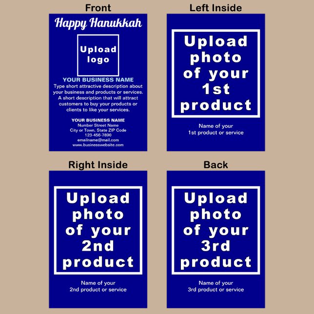 Festividades Cartão de Feriado Azul de Hanukkah de Negócios (Blue folded holiday card for Hanukkah with your business brand and products or services.)