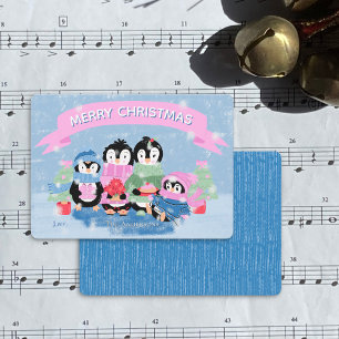 Festividades Cartão de Feriado Azul Flat da Família Penguin Cut