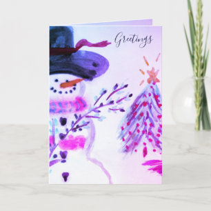 Festividades Cartão de Feriado de Artsy Watercolor Snowman Dob