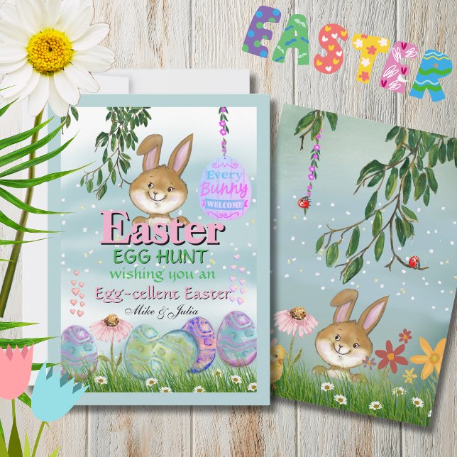 Festividades Cartão de Feriado de Caça Aquática de Caça de Ovos (Charming Easter Egg Hunt Watercolor Holiday Card)