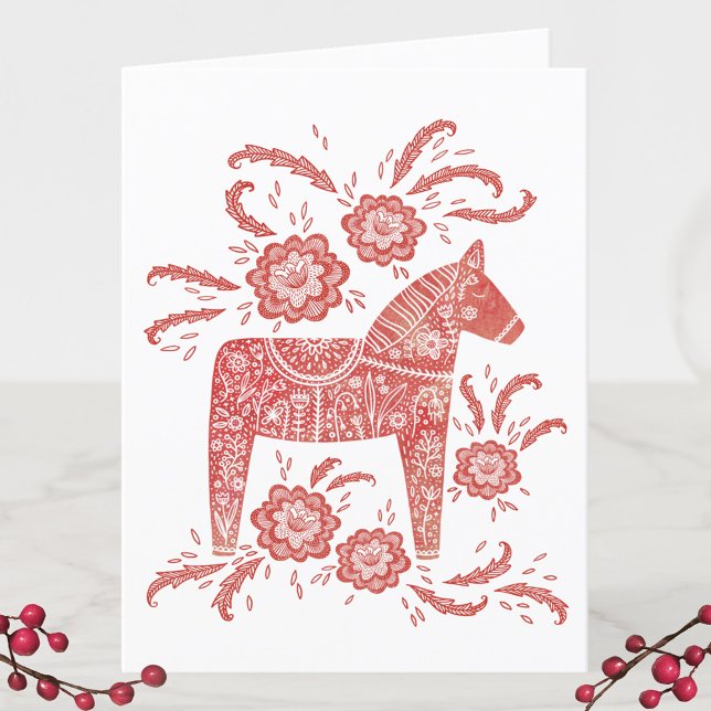 Festividades Cartão de Feriado de Deus Jul Dala Horse (Swedish Dala Horse personalized red and white God Jul holiday card)