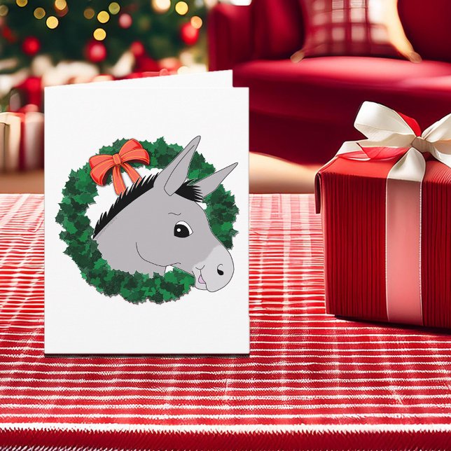 Festividades Cartão de Feriado de Férias Folheto de Natal Cute  (Cute Donkey Christmas Wreath Folded Holiday Card)