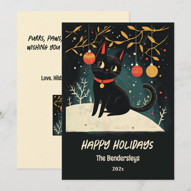 Festividades Cartão de Feriado de Gato Preto Retroativo (Frente/Verso)