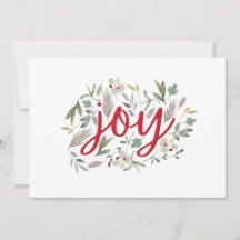 Cartão de Feriado de Script Vermelho Floral de Joy