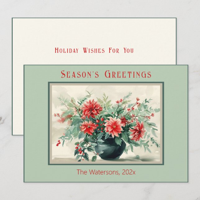 Festividades Cartão de Feriado Floral de Inverno Elegante Vinta (Frente/Verso)