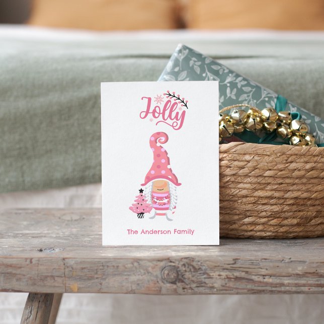 Festividades Cartão de Feriado Gnomo da Garota Rosa - Família P (Pink Christmas Girl Gnome With Winer Hat Jolly Holiday Card - Personalized Festive Greeting)
