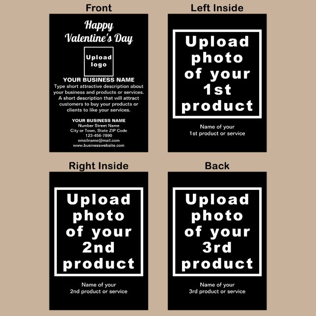 Festividades Cartão de Feriado Preto de Namorados Comercial (Black folded holiday card for Valentine with your business brand and products or services.)