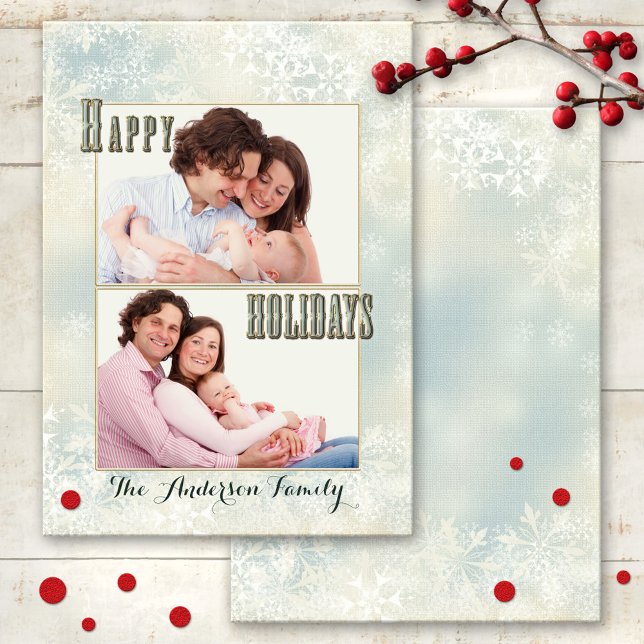 Festividades Cartão de Feriados de Fotografia Pastel Snowflakes (An elegant Christmas Holidays card featuring your own favorite photos framed by pastel snowflakes)