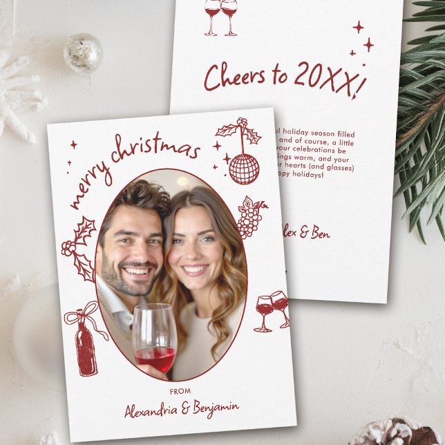 Festividades Cartão de Férias com Foto Caprichosa e Desenhada à (wine lover holiday christmas photo card drinks hand drawn winery friendsmas)