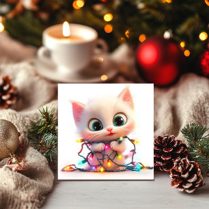 Festividades Cartão de Férias com Gatinho Branco Traendo Alegri