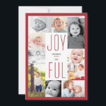 Festividades Cartão de Férias de 10 Fotografias Collage Joyful<br><div class="desc">Este cartão de fotos múltiplo oferece espaço para 10 fotos e um backer vermelho e branco listrado com a palavra Joyful no centro. Personalize-o com a colagem de fotos da sua família e adicione seus nomes e o ano. Personalize as cores para corresponder às suas fotos!</div>