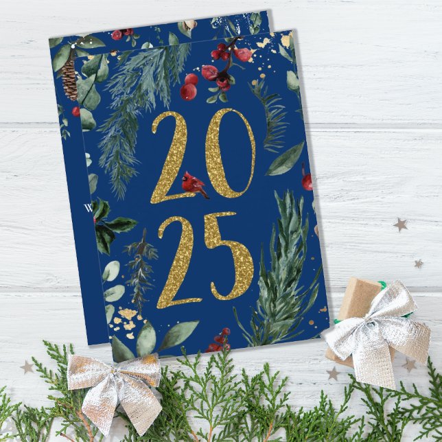 Festividades Cartão de Férias de Anos novos Elegante Blue Rusti (ELEGANT BLUE RUSTIC WINTER BOTANICAL NEW YEARS GREETING CARD)