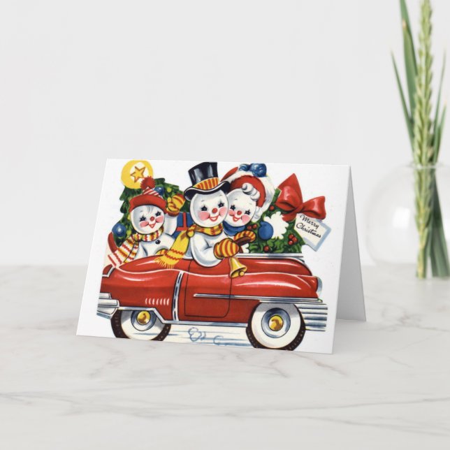 Festividades Cartão de Férias de Carro Vintage Snowmen (Frente)