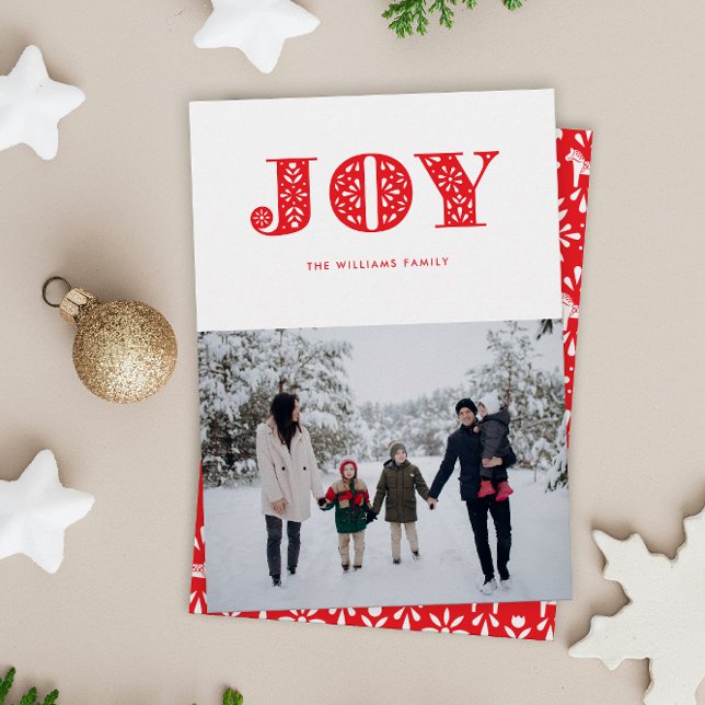Festividades Cartão de Férias de Cavalo Dala Sueco (simple scandi style red JOY Christmas holiday photo card with one photo and patterned backer)