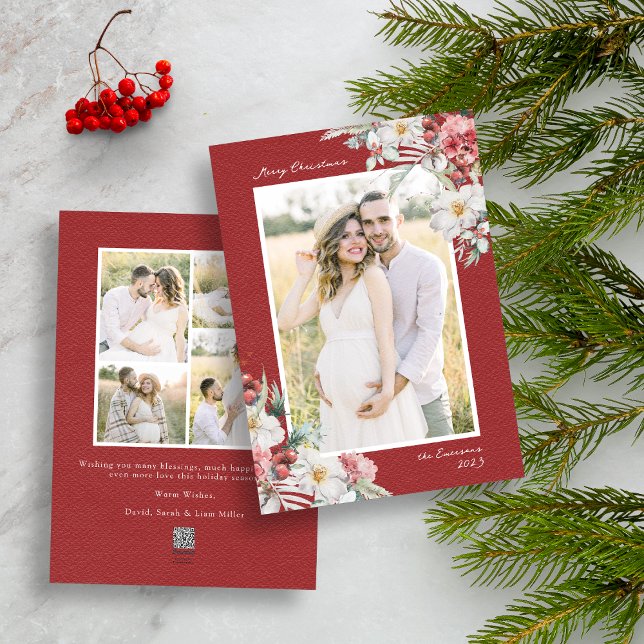 Festividades Cartão de Férias de Colagem de Fotos de Natal Eleg (Red Merry Christmas Photo Collage Holiday Card with Elegant Watercolor Botanical Florals Berries)