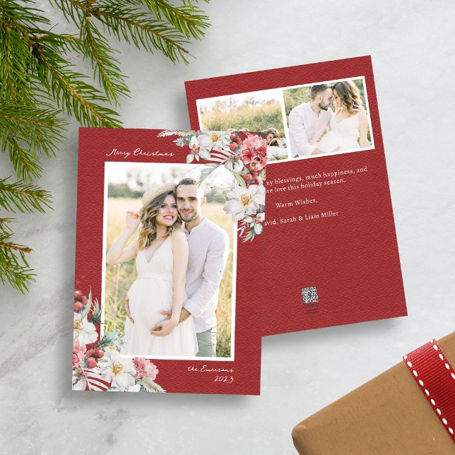 Festividades Cartão de Férias de Colagem de Fotos Elegante Nata (Red Merry Christmas Photo Collage Holiday Card with Elegant Watercolor Botanical Florals Berries)