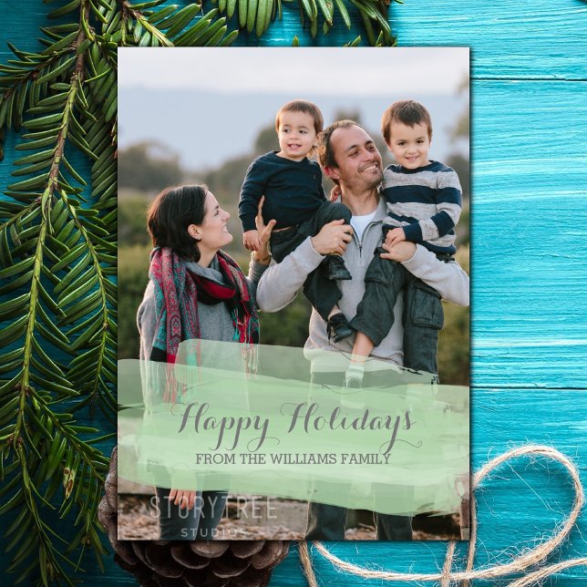 Festividades Cartão de Férias de Foto com Pincelada de Aquarela (Green Watercolor Brushstroke Holiday Photo Card)