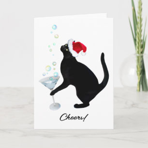 Festividades Cartão de Férias de Gato Preto Bebendo Martini