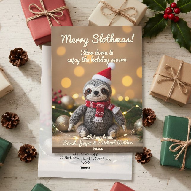 Festividades Cartão de Férias de Natal da Feliz Engraçado Sloth (Merry Slothmas! Slow down and enjoy the holiday season! Just add your name and address)