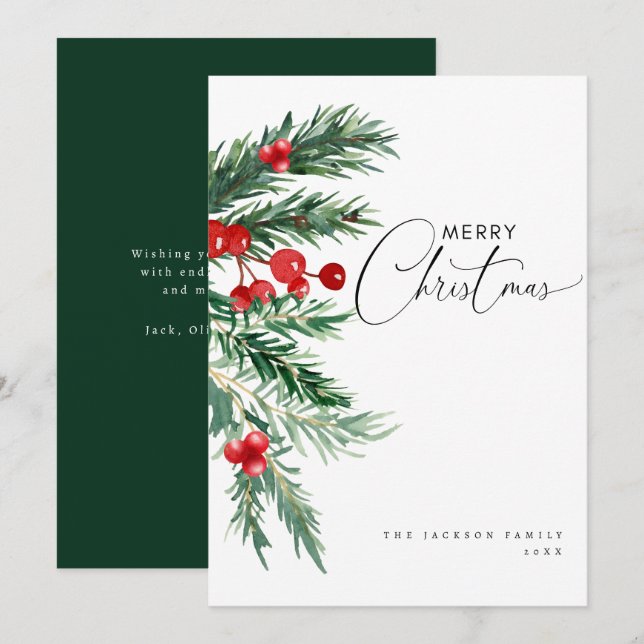 Festividades Cartão de Férias de Natal de pinheiro e bagas com  (Frente/Verso)