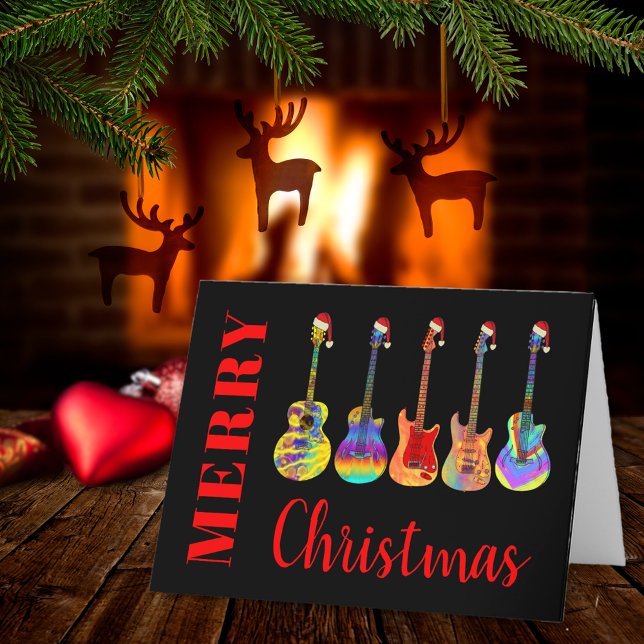 Festividades Cartão de Férias de Natal para Papais noeis de Vio (Merry christmas guitar Santa fun personalized folded holiday card)