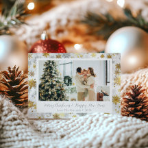 Cartão de Férias de Neve Elegante Dourado e Silver