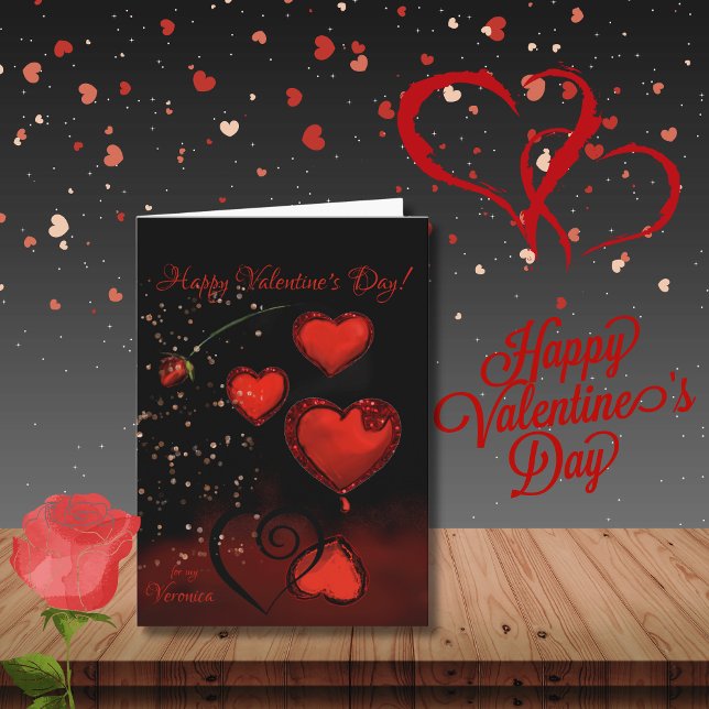 Festividades Cartão de Férias do Dia dos Namorados Preto com Co (Black with Red Hearts Valentine Holiday Card)