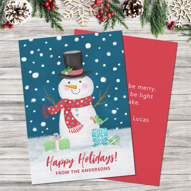 Festividades Cartão de Férias Feliz de Natal para Homem de Neve (A cute festive holiday snowman decorates this Christmas card. Personalize it with your name.)