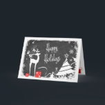 Festividades Cartão de Férias Feliz | Faux Chalkboard, Deer<br><div class="desc">Este quadro negro e branco falso falso festivo "Felizes Feriados" de Natal ou Feriado tem um cervo macho com galhadas adoradas com sombra e bagas, presentes vermelhos e brancos com fitas, flocos de neve, estrelas e uma variedade de árvores de Natal em um fundo de quadro com borda de neve....</div>