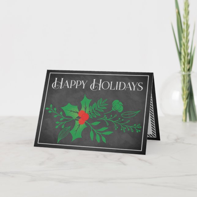 Festividades Cartão de Férias Feliz | Faux Chalkboard, Holly (Frente)