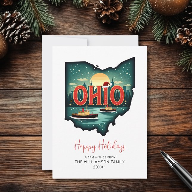 Festividades Cartão de Férias Feliz Férias Festivas de Ohio (Personalize with your Family Name and the Year.  Matching items available)