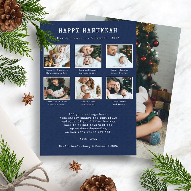 Festividades Cartão de Férias Feliz Hanukkah (Merry Christmas Photo Collage Holiday Card - Navy Blue and White)