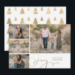 Festividades Cartão de Férias Festivo Dourado Collage Flat Holi<br><div class="desc">Mande desejos de Natal para sua família e amigos com este cartão festivo. Esta simples design de Cartão de Natal tem uma colagem de quatro fotos na frente, acompanhadas por uma inscrição de mão girada em folha de ouro e um padrão de árvore de natal no verso. O estilo moderno...</div>