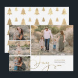 Festividades Cartão de Férias Festivo Dourado Collage Flat Holi<br><div class="desc">Mande desejos de Natal para sua família e amigos com este cartão festivo. Esta simples design de Cartão de Natal tem uma colagem de quatro fotos na frente, acompanhadas por uma inscrição de mão girada em folha de ouro e um padrão de árvore de natal no verso. O estilo moderno...</div>