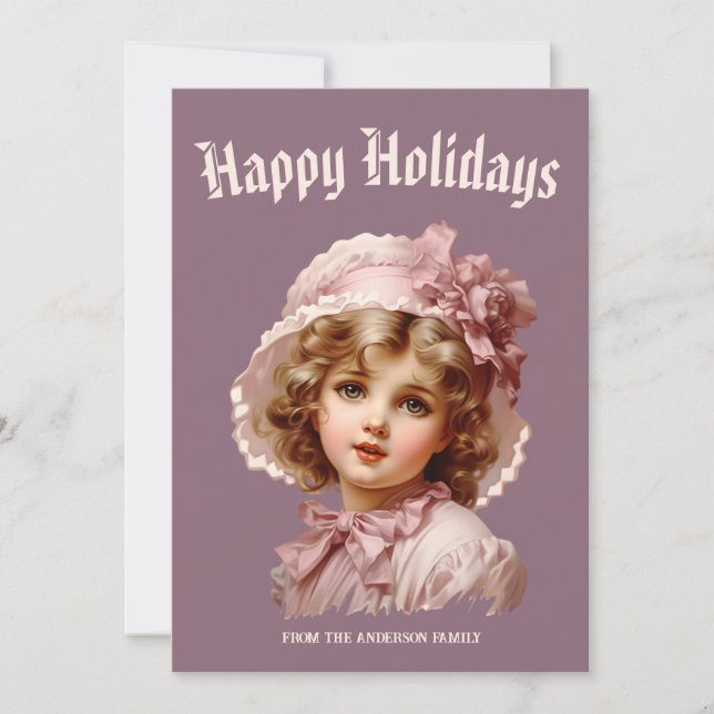 Festividades Cartão de Férias Menina Nostálgica em Rosa (Frente)