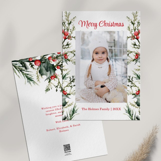 Festividades Cartão de Férias Misteriosas Moderno (Modern Minimalist Mistletoe Photo Holiday Card on white table)