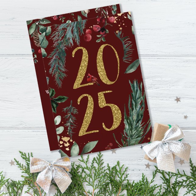 Festividades Cartão de Férias para Anos novos Rustic 2025 Elega (ELEGANT BURGUNDY RUSTIC 2025 NEW YEARS)