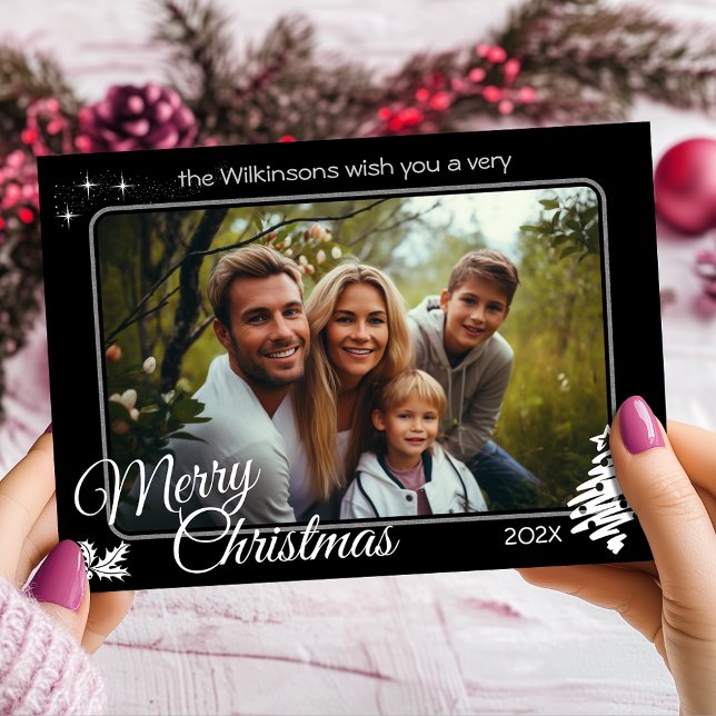 Festividades Cartão de Férias Preto para Foto de Natal Moderno (Modern Christmas Photo Black Personalized Custom Holiday Card)