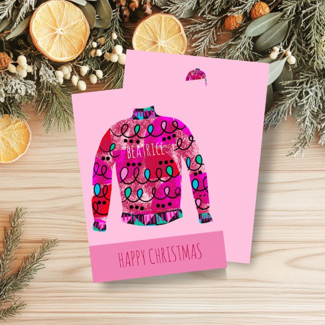 Festividades Cartão de Férias Rosa, Suéter de Natal Feio Editáv (Pink Ugly Sweater Christmas Card)